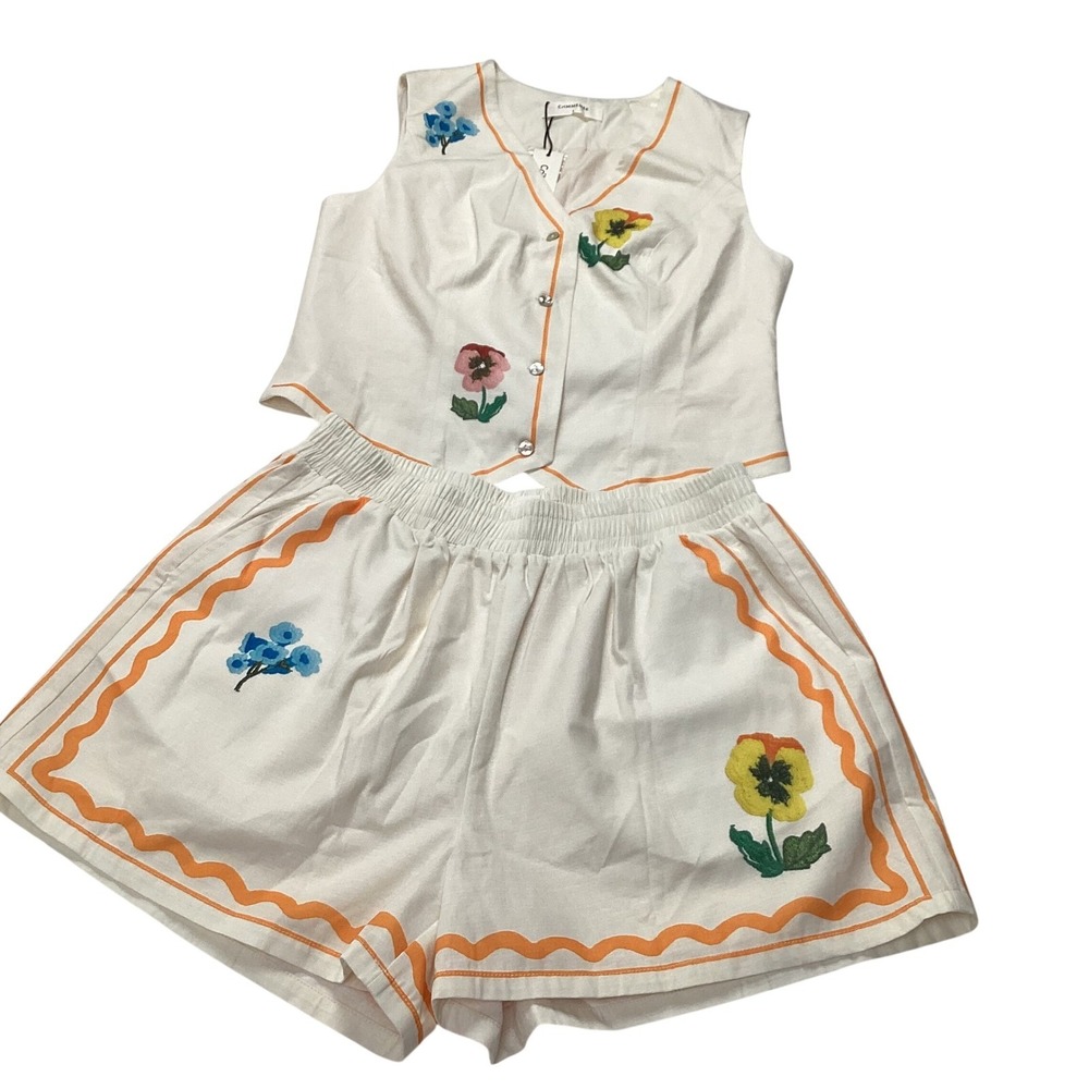 Commense White Floral Printed Vest and Shorts 2 Piece Set Women's L NEW